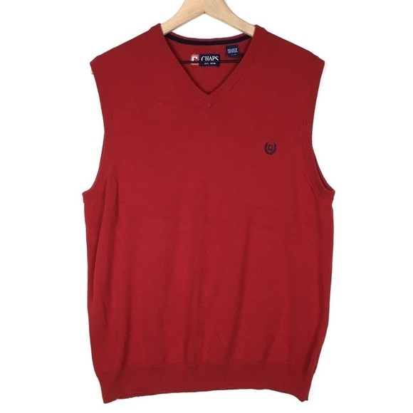 CHAPS Sweater Vest Sleeveless Solid Red V Neck Classic Style Preppy Golf Large - Picture 1 of 9